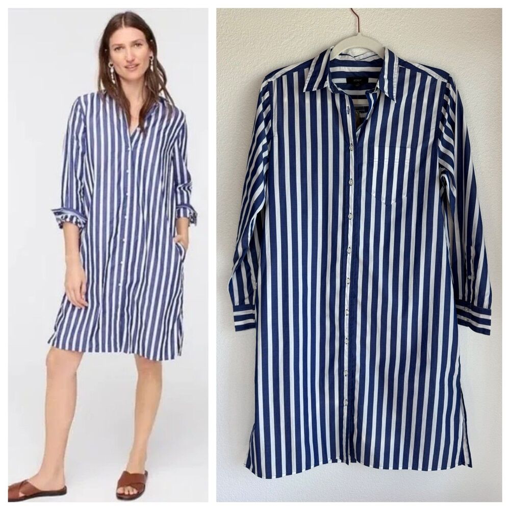 NWT J.Crew Women's Cotton Long Sleeve Button Down Shirt Dress Blue White Stripe